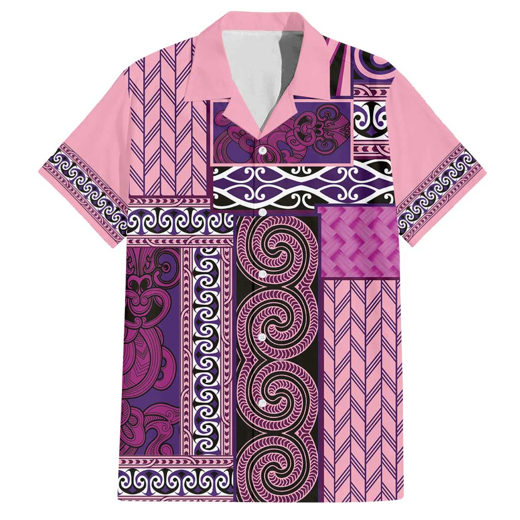 Pink Aotearoa Kowhaiwhai Pattern Family Matching Long Sleeve Bodycon Dress and Hawaiian Shirt NZ Maori Quilt Style
