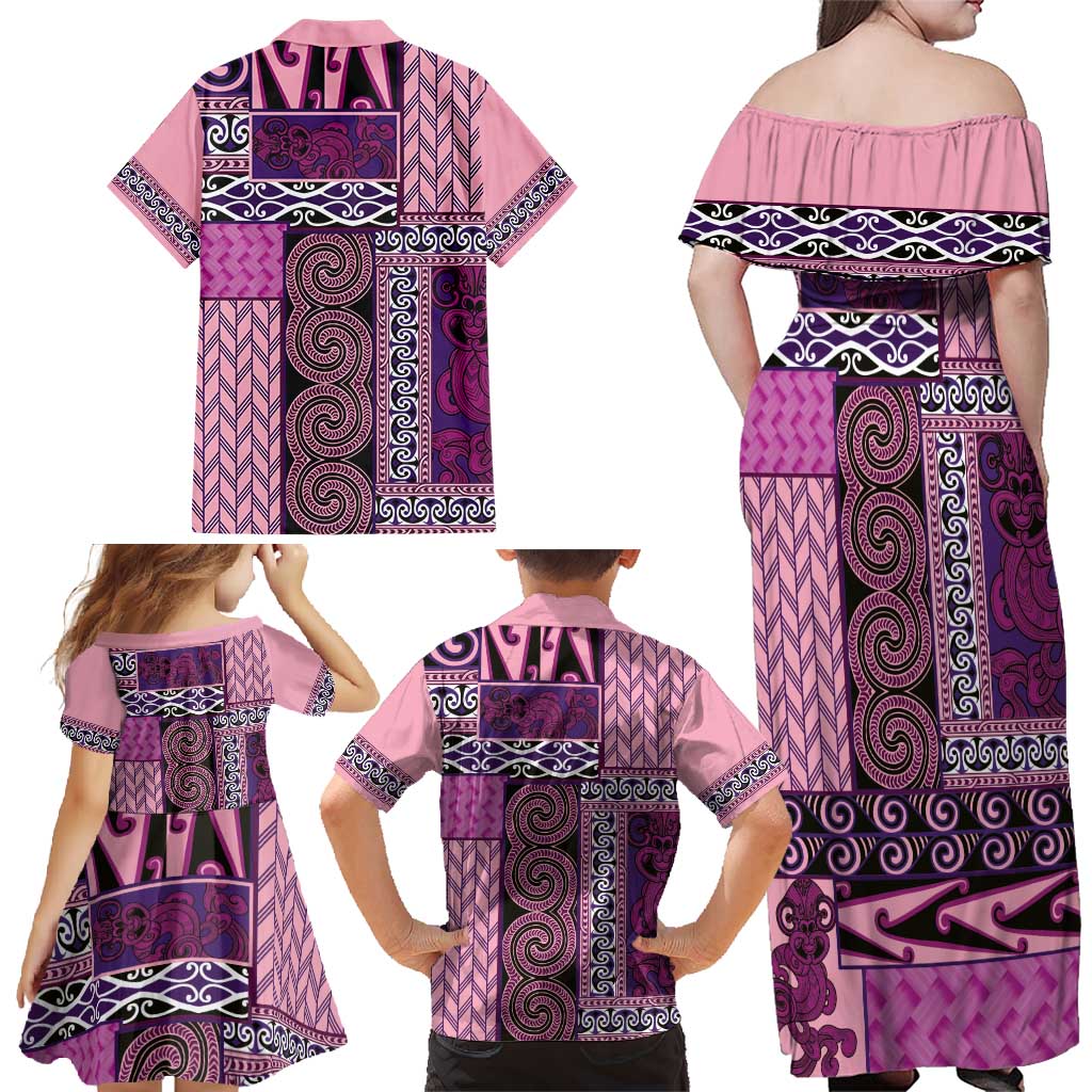 Pink Aotearoa Kowhaiwhai Pattern Family Matching Off Shoulder Maxi Dress and Hawaiian Shirt NZ Maori Quilt Style