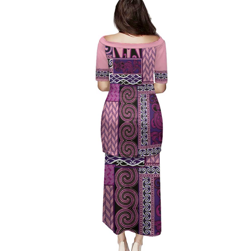 Pink Aotearoa Kowhaiwhai Pattern Family Matching Puletasi and Hawaiian Shirt NZ Maori Quilt Style