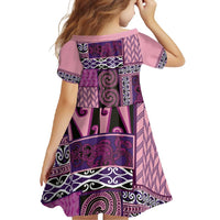 Pink Aotearoa Kowhaiwhai Pattern Family Matching Short Sleeve Bodycon Dress and Hawaiian Shirt NZ Maori Quilt Style