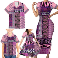 Pink Aotearoa Kowhaiwhai Pattern Family Matching Short Sleeve Bodycon Dress and Hawaiian Shirt NZ Maori Quilt Style