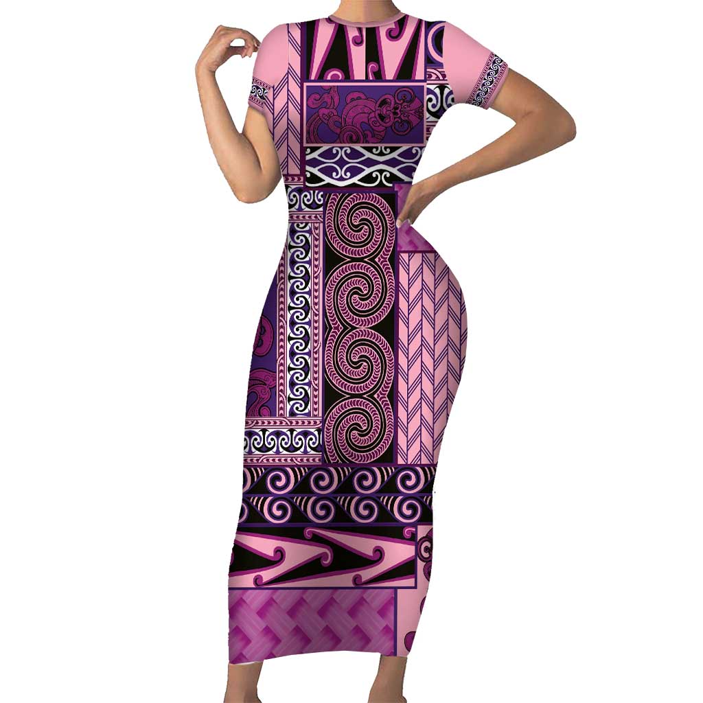 Pink Aotearoa Kowhaiwhai Pattern Family Matching Short Sleeve Bodycon Dress and Hawaiian Shirt NZ Maori Quilt Style