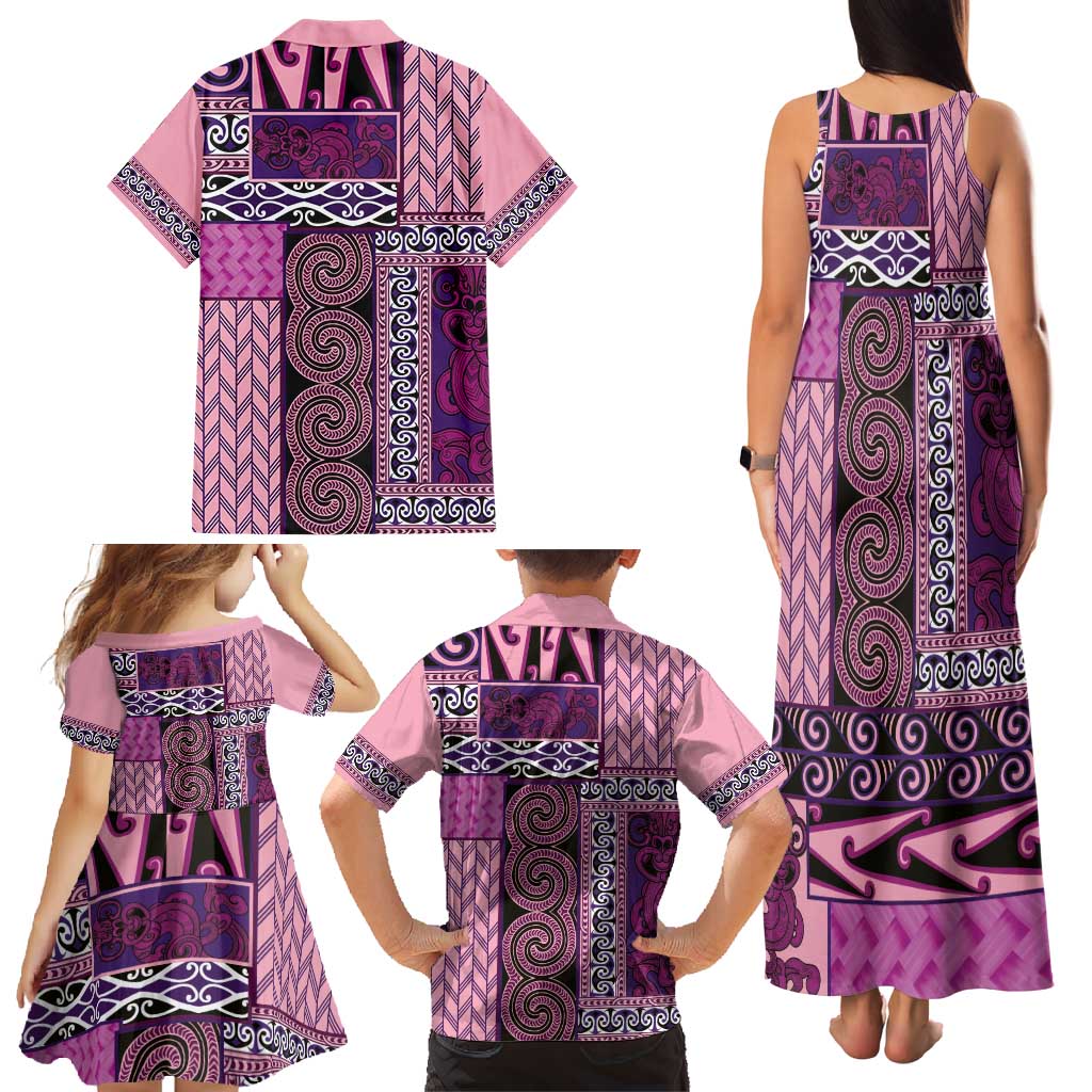 Pink Aotearoa Kowhaiwhai Pattern Family Matching Tank Maxi Dress and Hawaiian Shirt NZ Maori Quilt Style