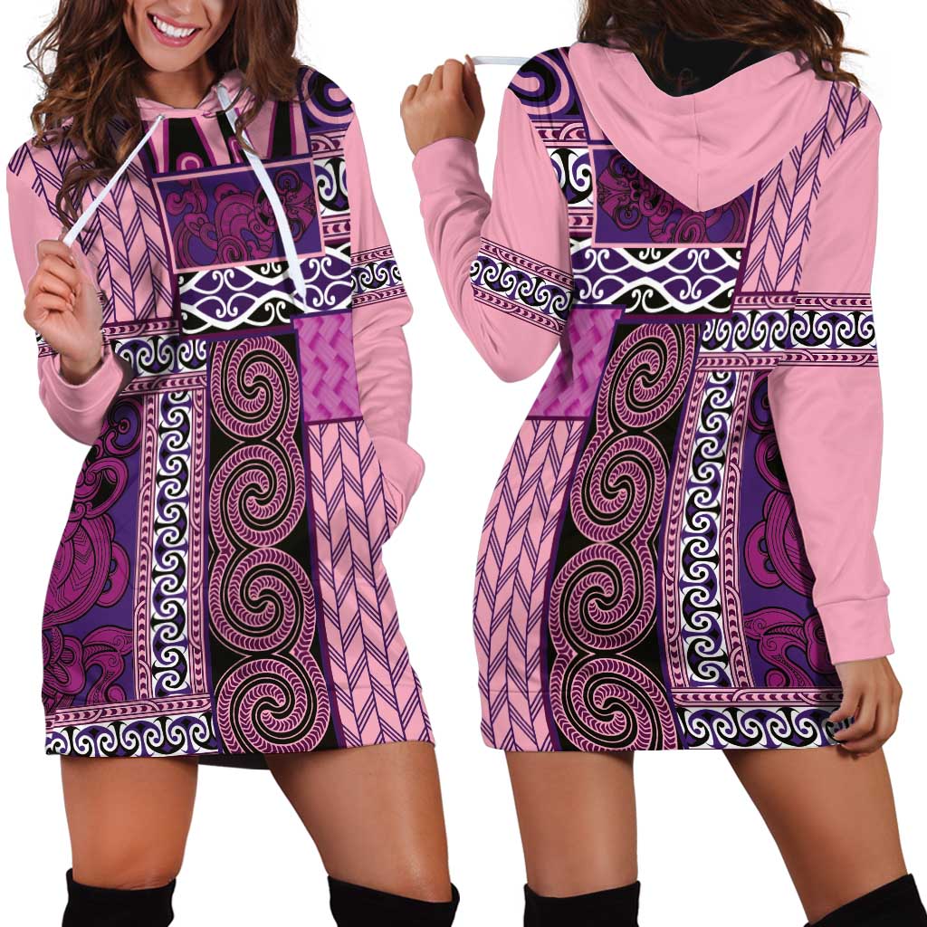 Pink Aotearoa Kowhaiwhai Pattern Hoodie Dress NZ Maori Quilt Style