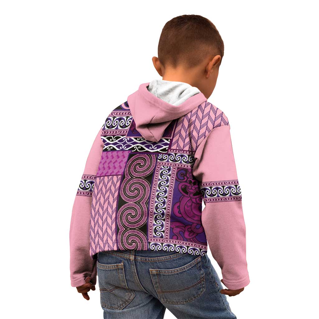 Pink Aotearoa Kowhaiwhai Pattern Kid Hoodie NZ Maori Quilt Style