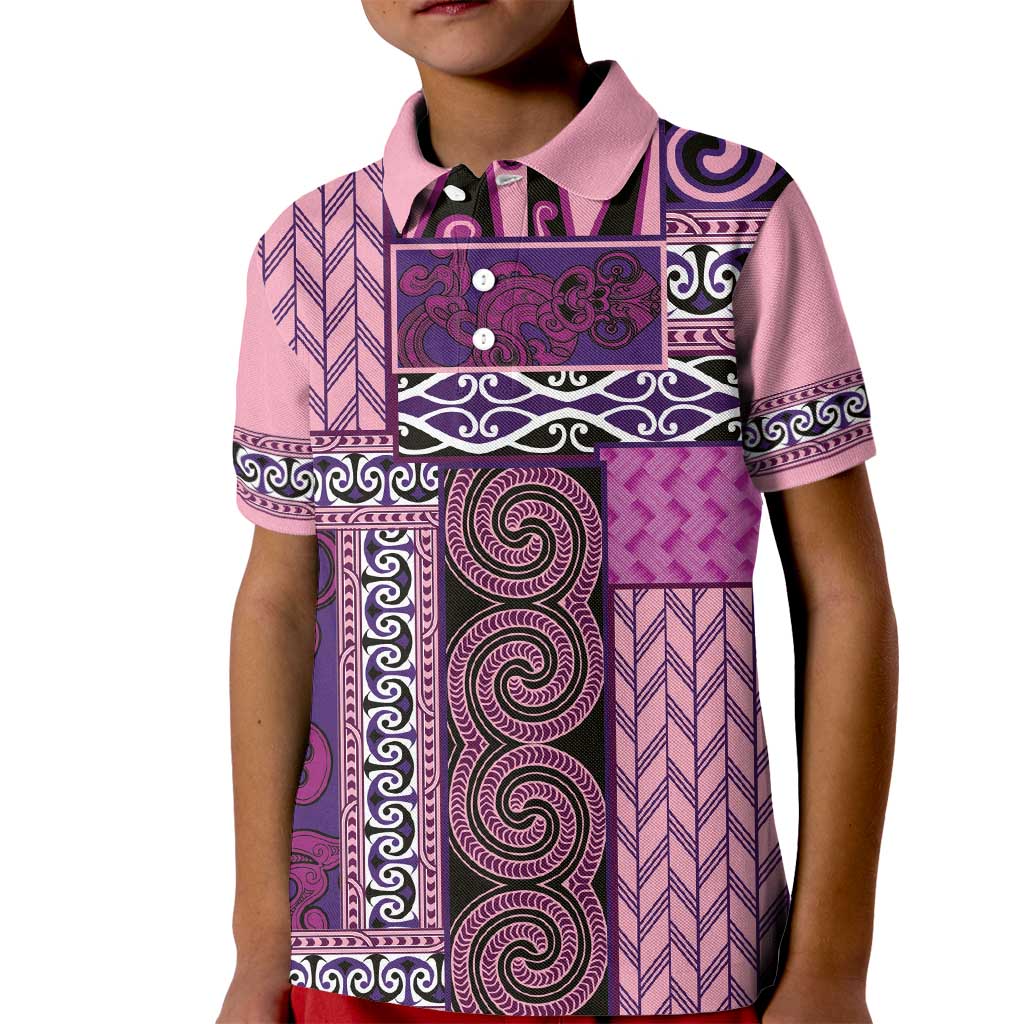 Pink Aotearoa Kowhaiwhai Pattern Kid Polo Shirt NZ Maori Quilt Style LT14 Kid Pink - Polynesian Pride