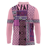 Pink Aotearoa Kowhaiwhai Pattern Long Sleeve Polo Shirt NZ Maori Quilt Style