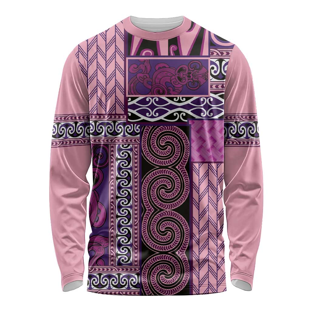 Pink Aotearoa Kowhaiwhai Pattern Long Sleeve Shirt NZ Maori Quilt Style LT14 Unisex Pink - Polynesian Pride