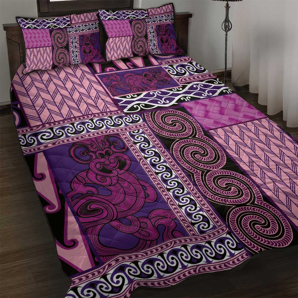Pink Aotearoa Kowhaiwhai Pattern Quilt Bed Set NZ Maori Quilt Style