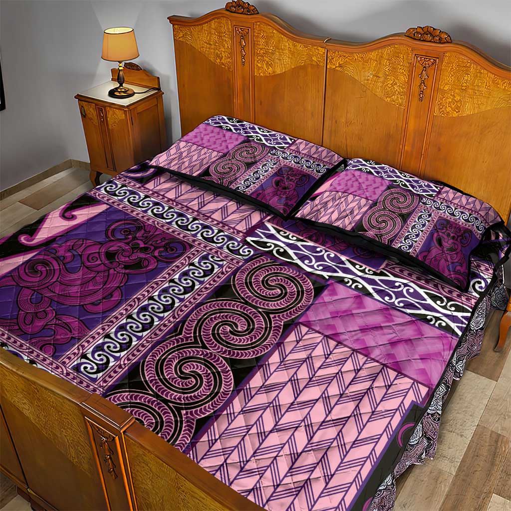 Pink Aotearoa Kowhaiwhai Pattern Quilt Bed Set NZ Maori Quilt Style