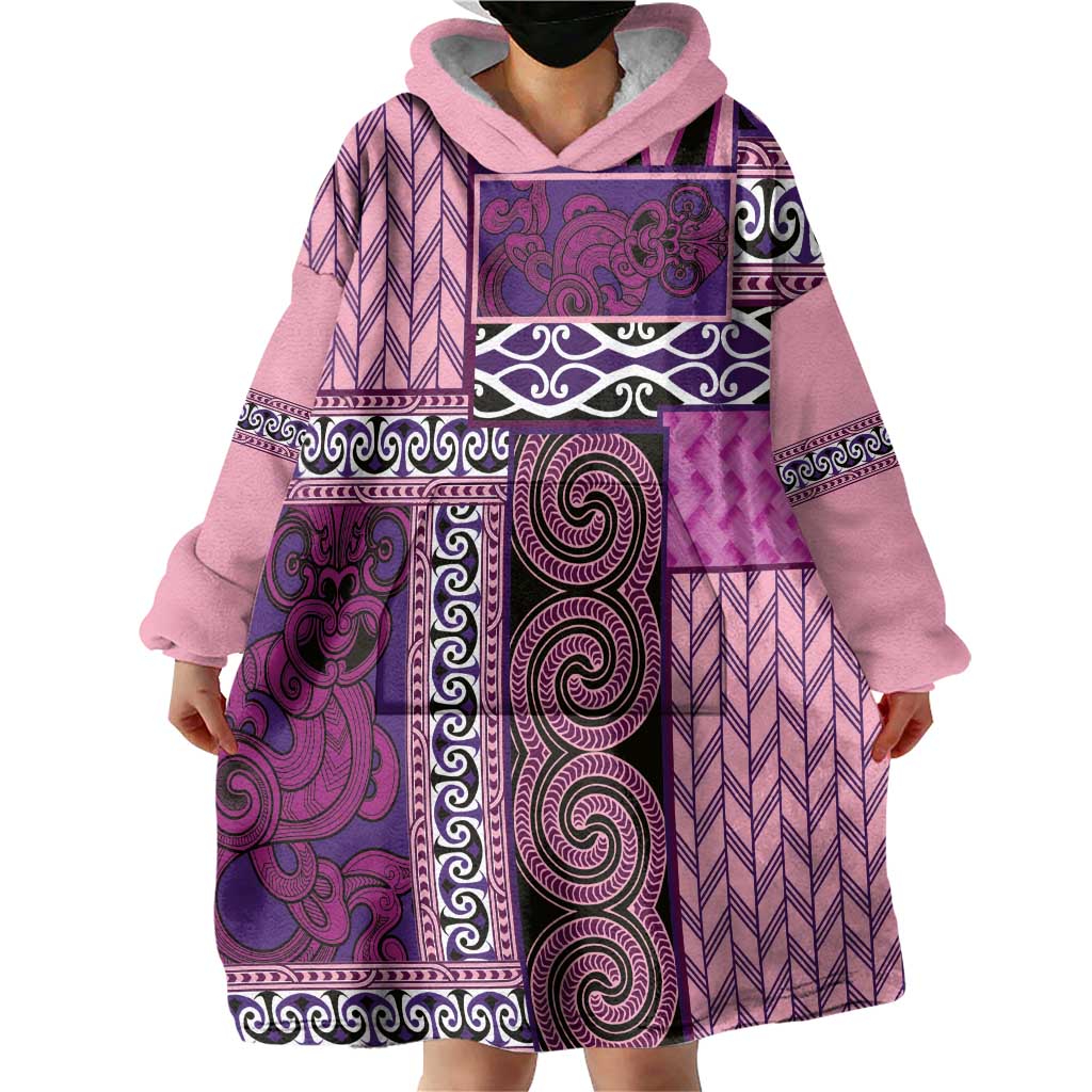 Pink Aotearoa Kowhaiwhai Pattern Wearable Blanket Hoodie NZ Maori Quilt Style