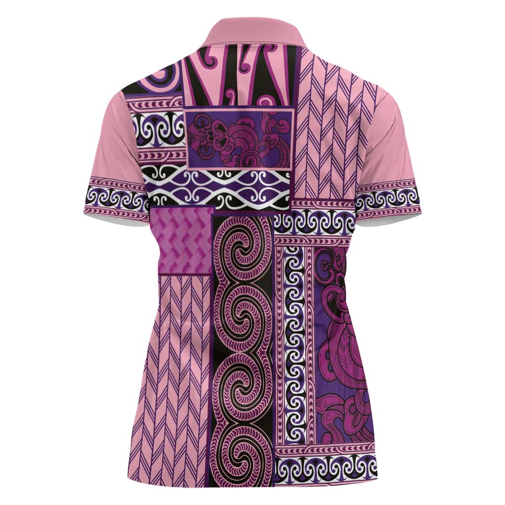 Pink Aotearoa Kowhaiwhai Pattern Women Polo Shirt NZ Maori Quilt Style