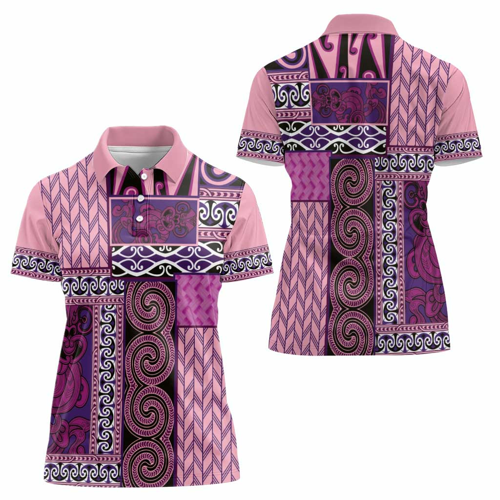 Pink Aotearoa Kowhaiwhai Pattern Women Polo Shirt NZ Maori Quilt Style