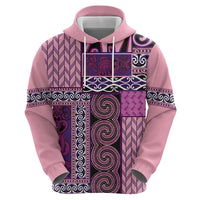 Pink Aotearoa Kowhaiwhai Pattern Zip Hoodie NZ Maori Quilt Style