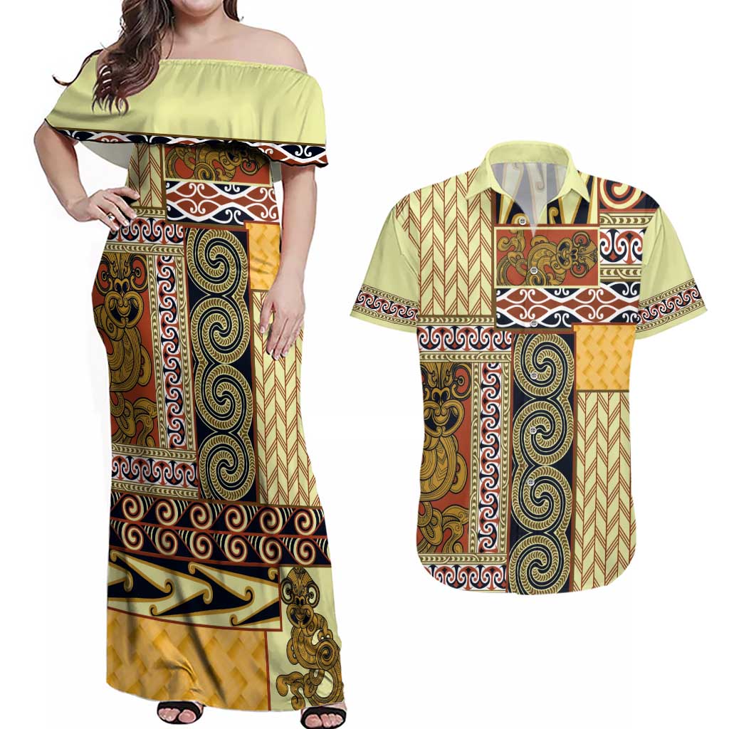 Yellow Aotearoa Kowhaiwhai Pattern Couples Matching Off Shoulder Maxi Dress and Hawaiian Shirt NZ Maori Quilt Style
