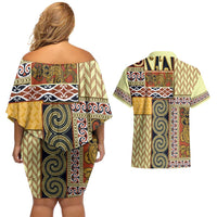 Yellow Aotearoa Kowhaiwhai Pattern Couples Matching Off Shoulder Short Dress and Hawaiian Shirt NZ Maori Quilt Style