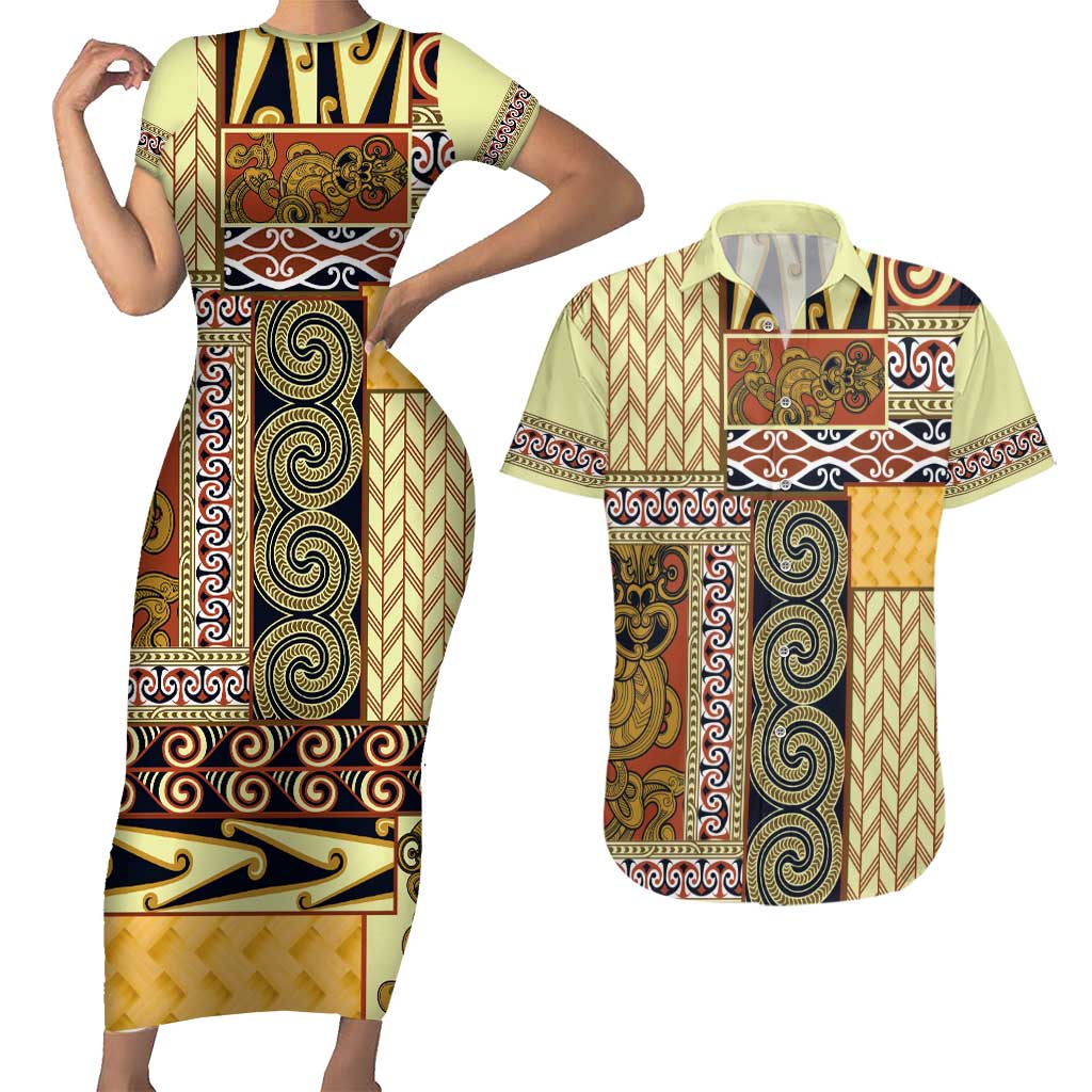Yellow Aotearoa Kowhaiwhai Pattern Couples Matching Short Sleeve Bodycon Dress and Hawaiian Shirt NZ Maori Quilt Style