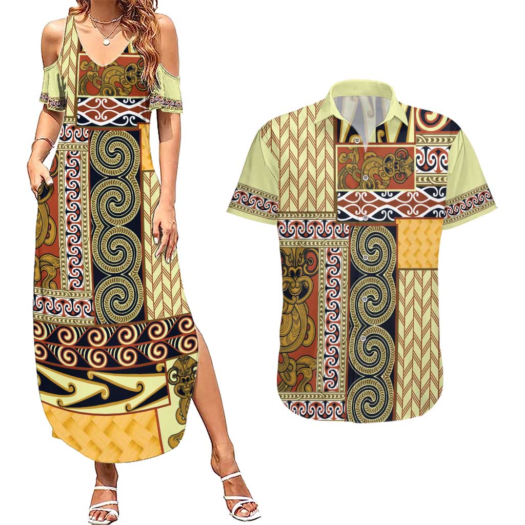 Yellow Aotearoa Kowhaiwhai Pattern Couples Matching Summer Maxi Dress and Hawaiian Shirt NZ Maori Quilt Style