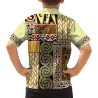 Yellow Aotearoa Kowhaiwhai Pattern Family Matching Off The Shoulder Long Sleeve Dress and Hawaiian Shirt NZ Maori Quilt Style