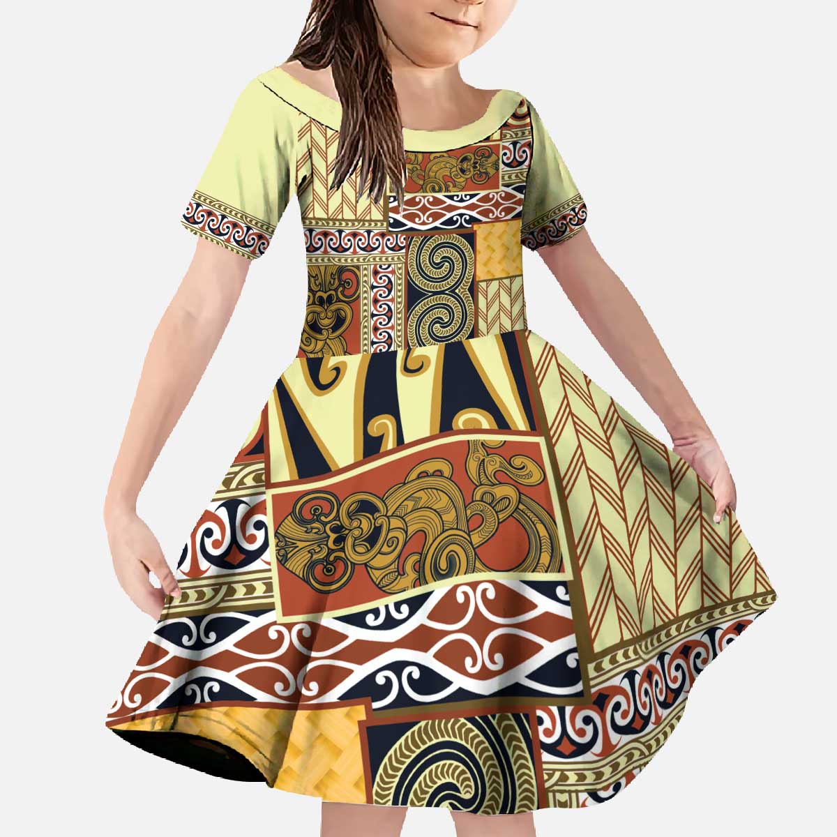 Yellow Aotearoa Kowhaiwhai Pattern Family Matching Off The Shoulder Long Sleeve Dress and Hawaiian Shirt NZ Maori Quilt Style
