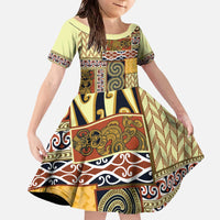 Yellow Aotearoa Kowhaiwhai Pattern Family Matching Off The Shoulder Long Sleeve Dress and Hawaiian Shirt NZ Maori Quilt Style