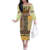 Yellow Aotearoa Kowhaiwhai Pattern Family Matching Off The Shoulder Long Sleeve Dress and Hawaiian Shirt NZ Maori Quilt Style