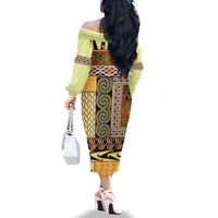 Yellow Aotearoa Kowhaiwhai Pattern Family Matching Off The Shoulder Long Sleeve Dress and Hawaiian Shirt NZ Maori Quilt Style