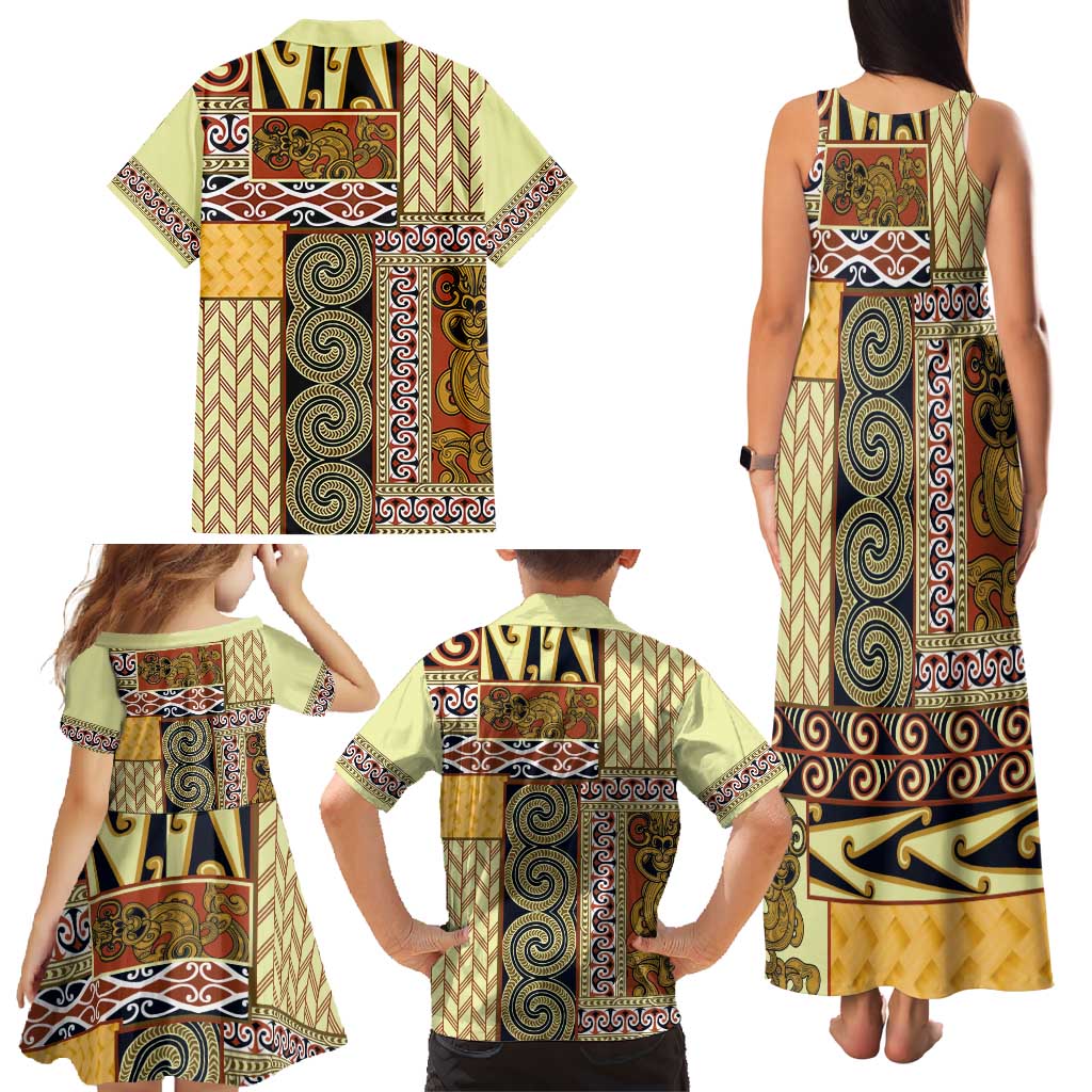 Yellow Aotearoa Kowhaiwhai Pattern Family Matching Tank Maxi Dress and Hawaiian Shirt NZ Maori Quilt Style