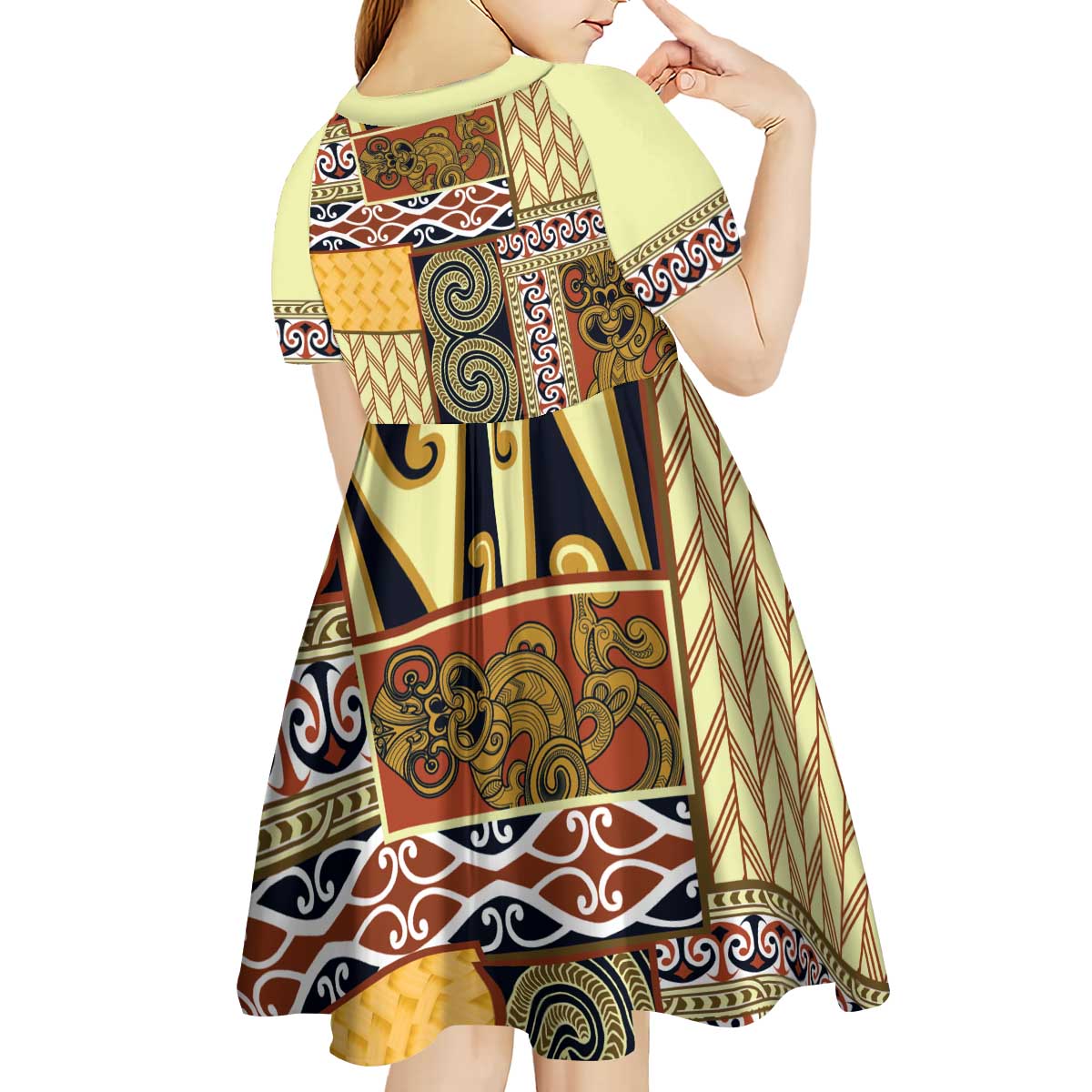 Yellow Aotearoa Kowhaiwhai Pattern Kid Short Sleeve Dress NZ Maori Quilt Style