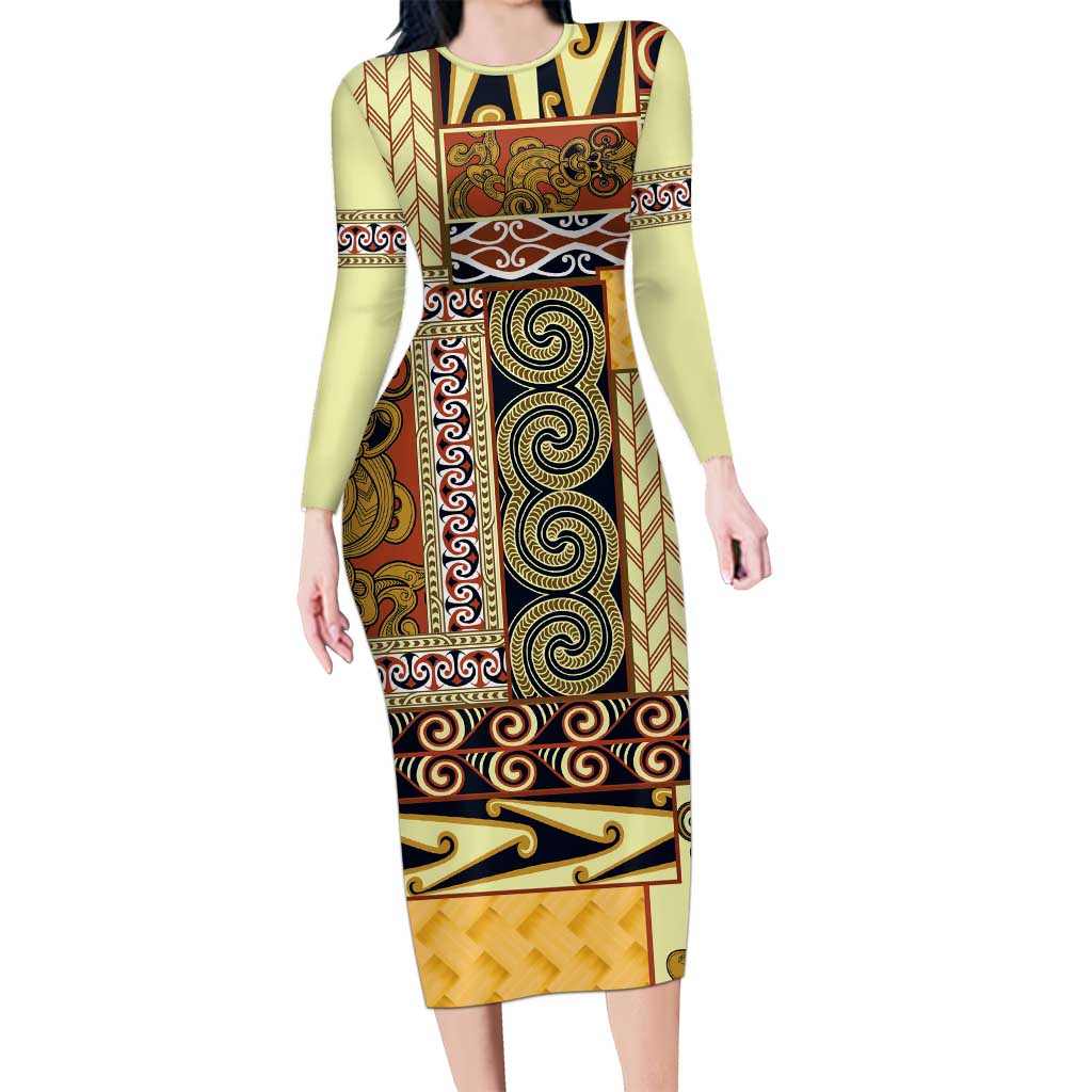 Yellow Aotearoa Kowhaiwhai Pattern Long Sleeve Bodycon Dress NZ Maori Quilt Style