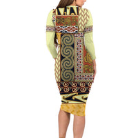 Yellow Aotearoa Kowhaiwhai Pattern Long Sleeve Bodycon Dress NZ Maori Quilt Style
