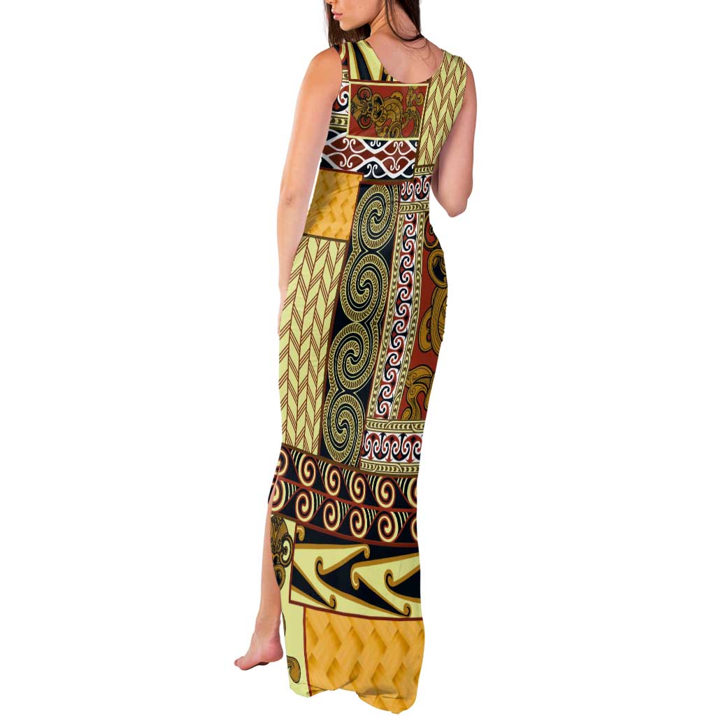 Yellow Aotearoa Kowhaiwhai Pattern Tank Maxi Dress NZ Maori Quilt Style