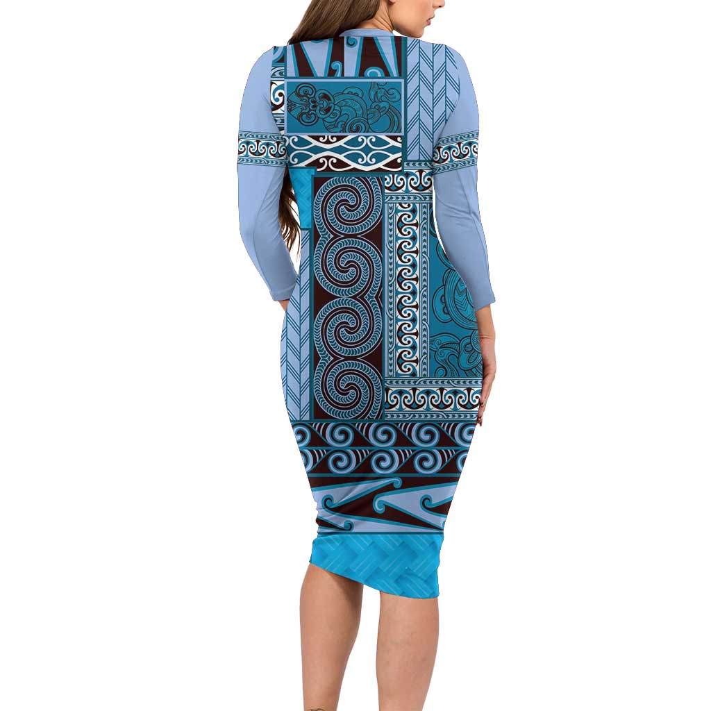 Blue Aotearoa Kowhaiwhai Pattern Family Matching Long Sleeve Bodycon Dress and Hawaiian Shirt NZ Maori Quilt Style