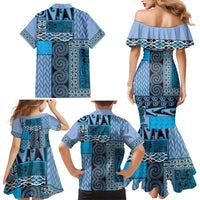 Blue Aotearoa Kowhaiwhai Pattern Family Matching Mermaid Dress and Hawaiian Shirt NZ Maori Quilt Style