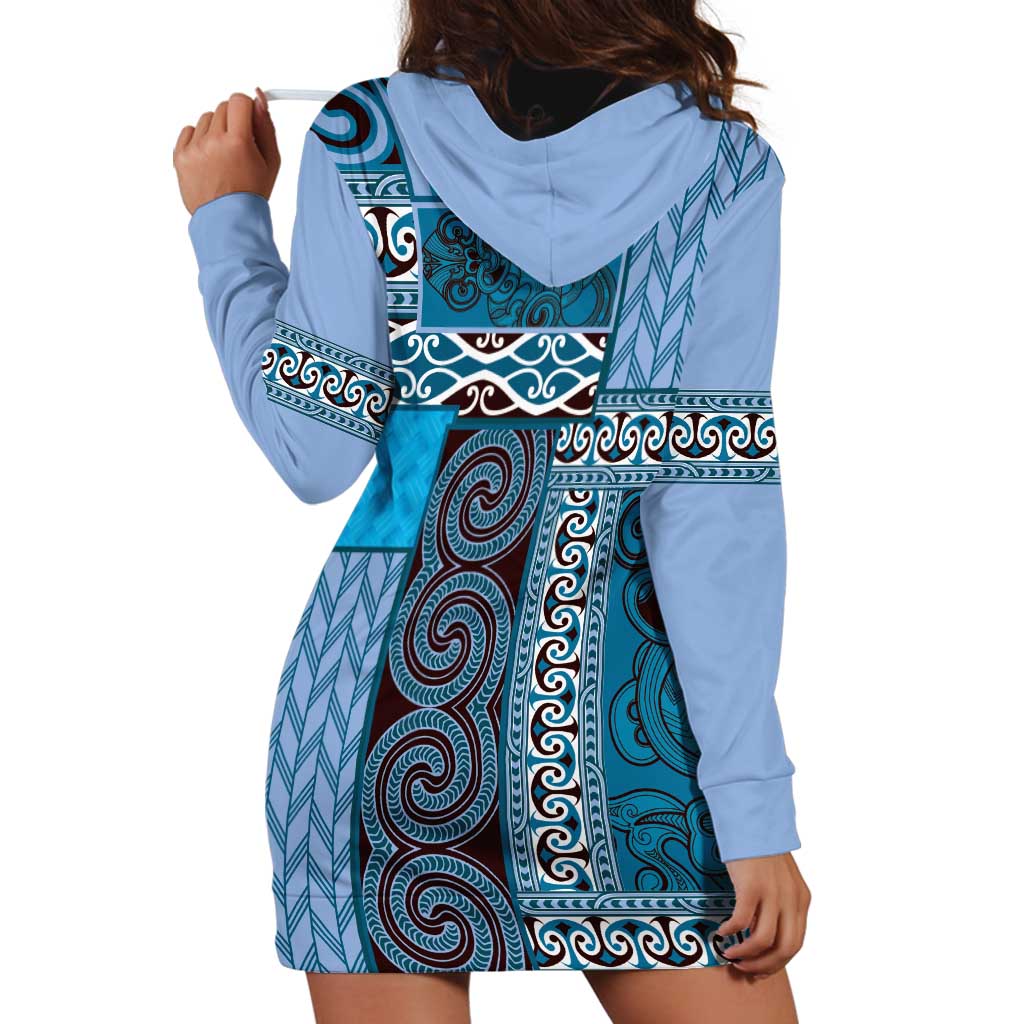 Blue Aotearoa Kowhaiwhai Pattern Hoodie Dress NZ Maori Quilt Style