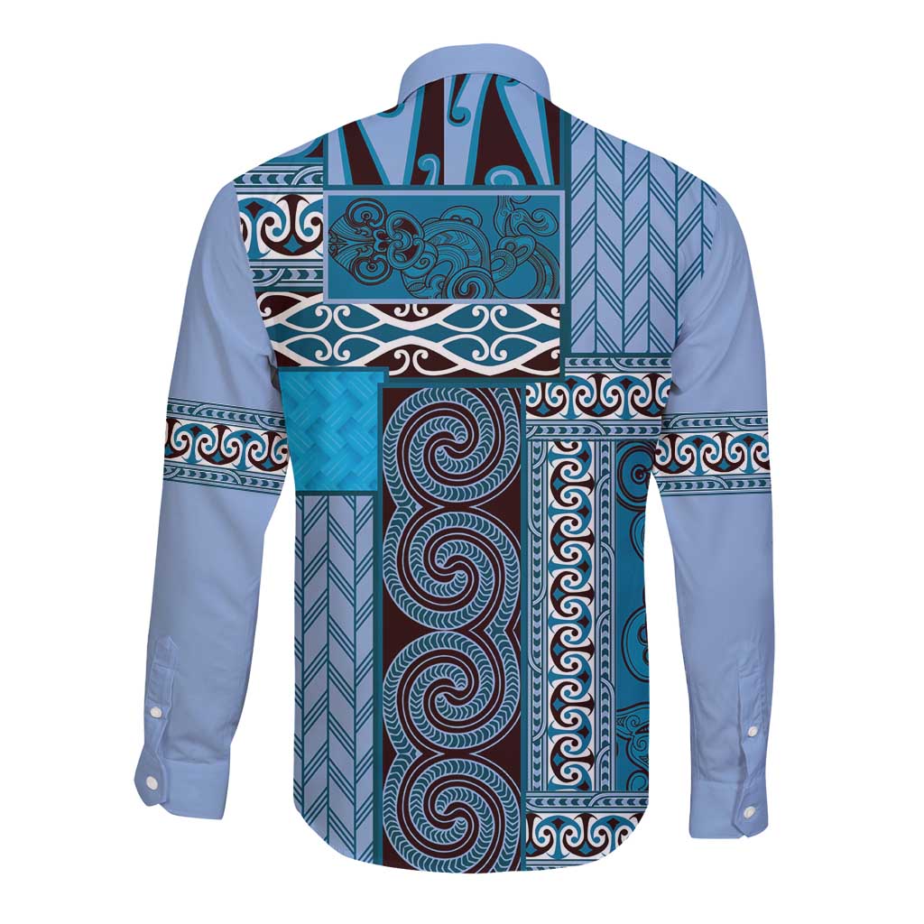 Blue Aotearoa Kowhaiwhai Pattern Long Sleeve Button Shirt NZ Maori Quilt Style LT14 - Polynesian Pride
