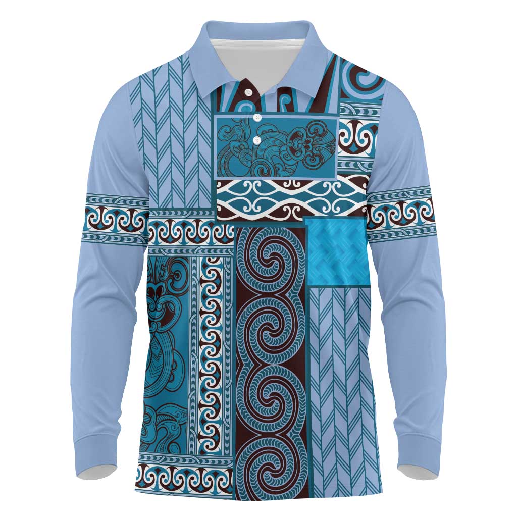 Blue Aotearoa Kowhaiwhai Pattern Long Sleeve Polo Shirt NZ Maori Quilt Style