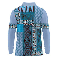 Blue Aotearoa Kowhaiwhai Pattern Long Sleeve Polo Shirt NZ Maori Quilt Style