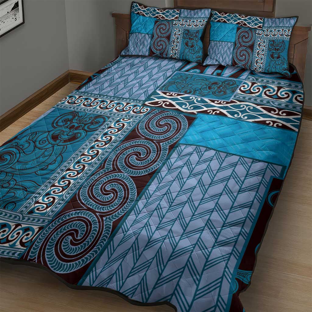 Blue Aotearoa Kowhaiwhai Pattern Quilt Bed Set NZ Maori Quilt Style