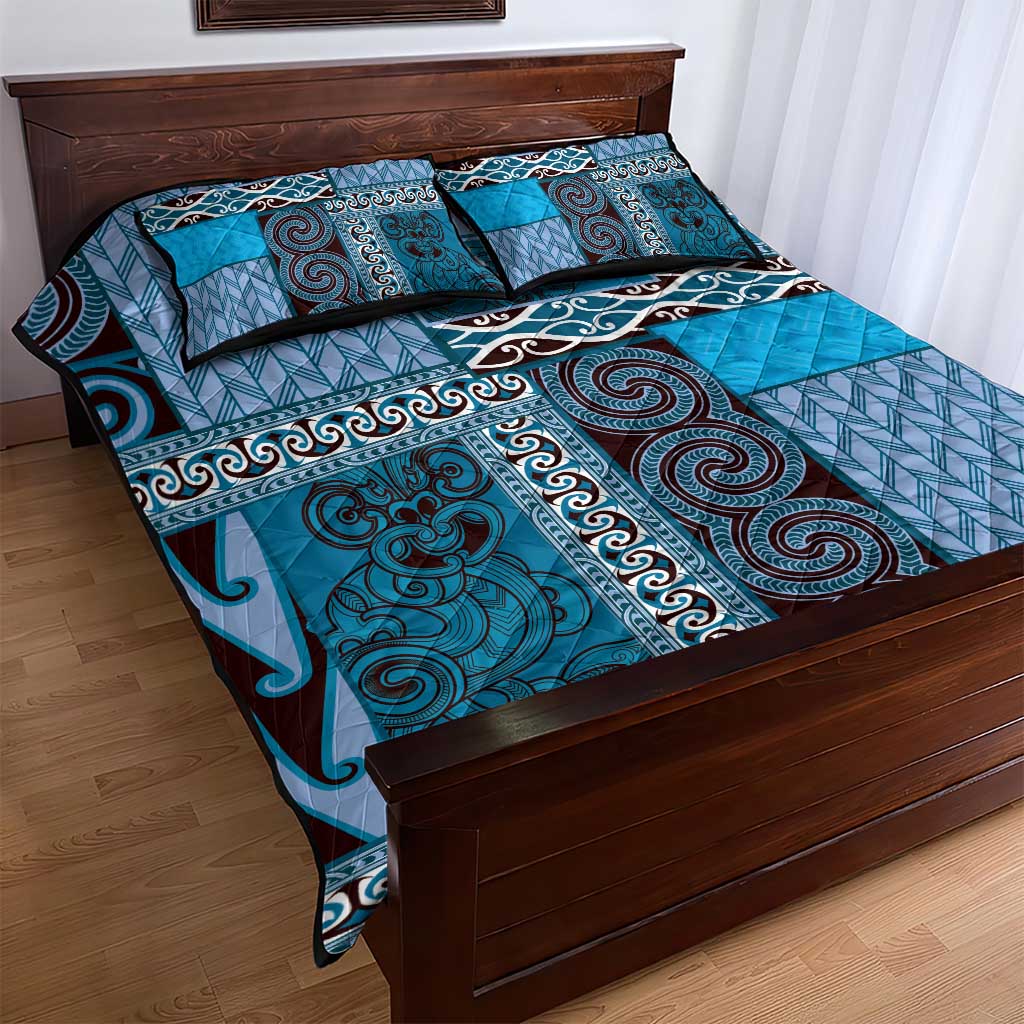 Blue Aotearoa Kowhaiwhai Pattern Quilt Bed Set NZ Maori Quilt Style