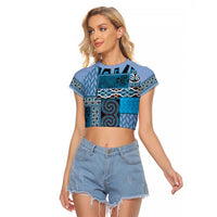 Blue Aotearoa Kowhaiwhai Pattern Raglan Cropped T Shirt NZ Maori Quilt Style LT14 Female Blue - Polynesian Pride