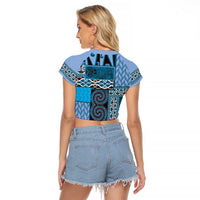 Blue Aotearoa Kowhaiwhai Pattern Raglan Cropped T Shirt NZ Maori Quilt Style LT14 - Polynesian Pride