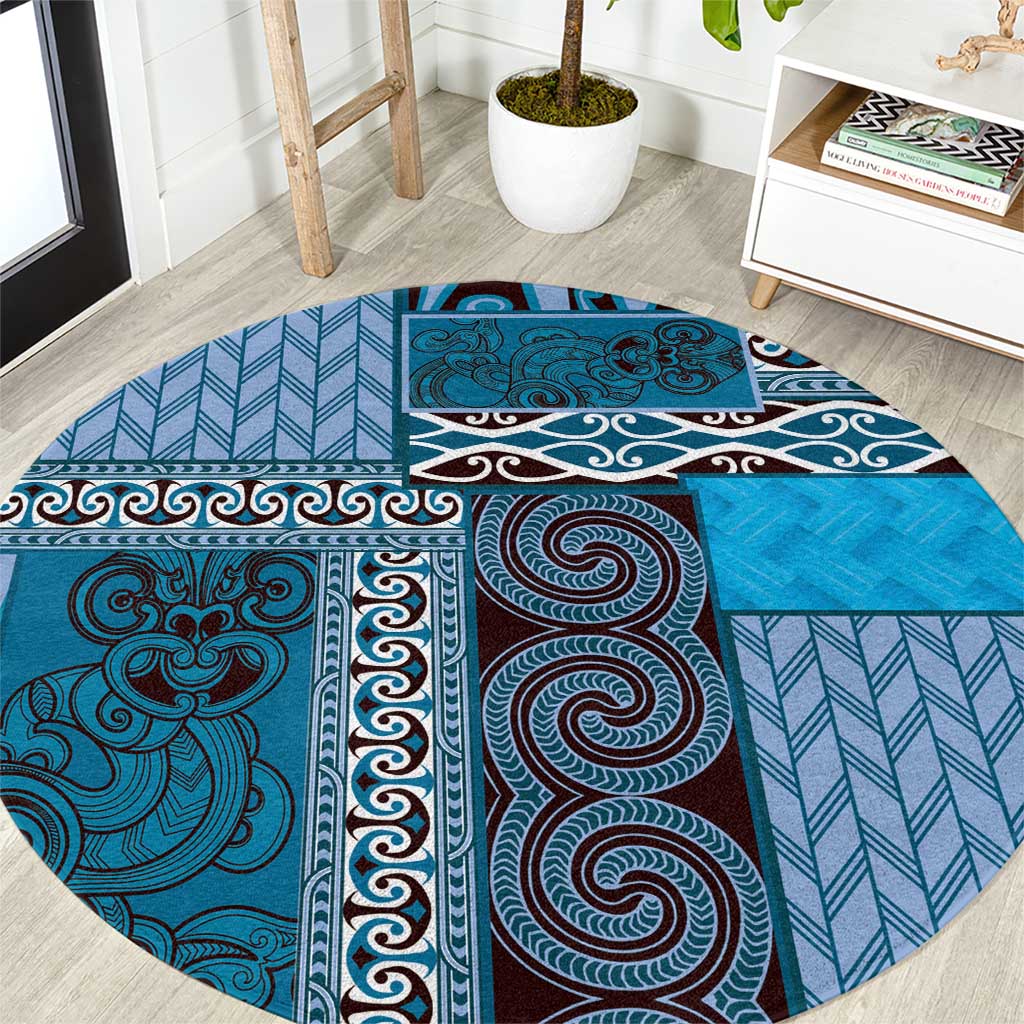 Blue Aotearoa Kowhaiwhai Pattern Round Carpet NZ Maori Quilt Style LT14 Blue - Polynesian Pride
