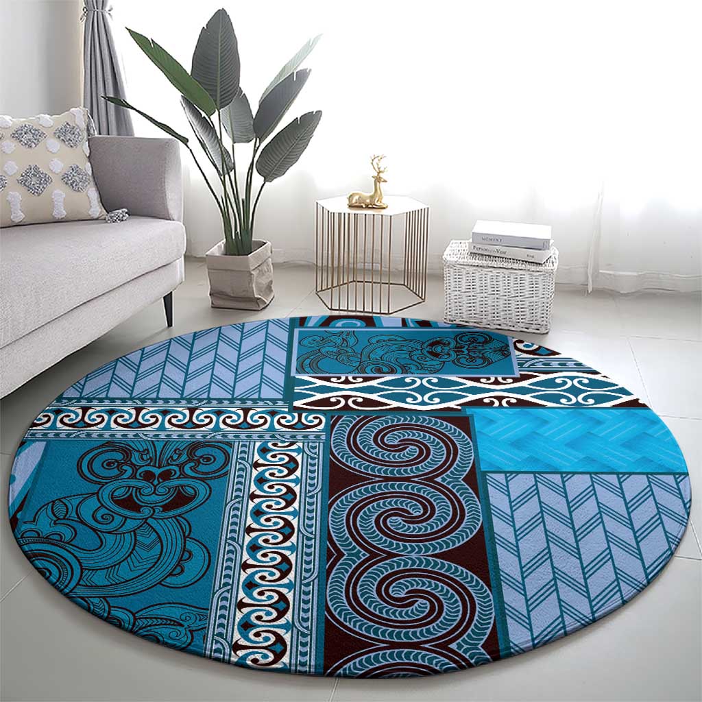 Blue Aotearoa Kowhaiwhai Pattern Round Carpet NZ Maori Quilt Style LT14 - Polynesian Pride
