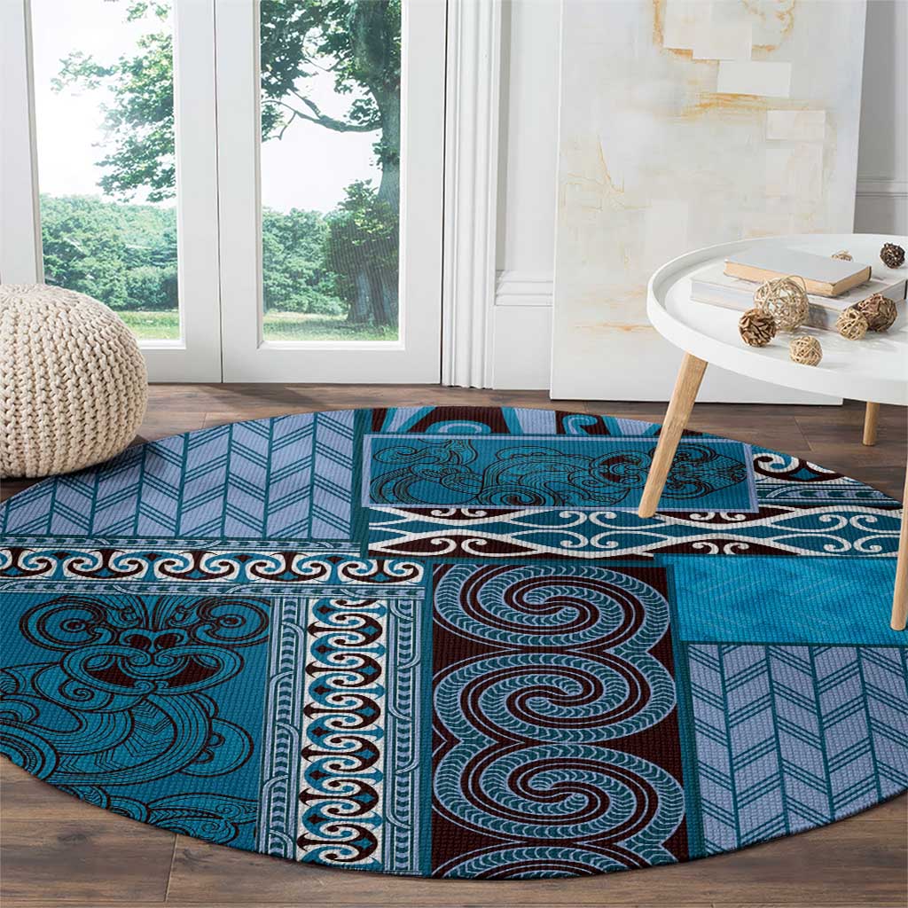Blue Aotearoa Kowhaiwhai Pattern Round Carpet NZ Maori Quilt Style LT14 - Polynesian Pride