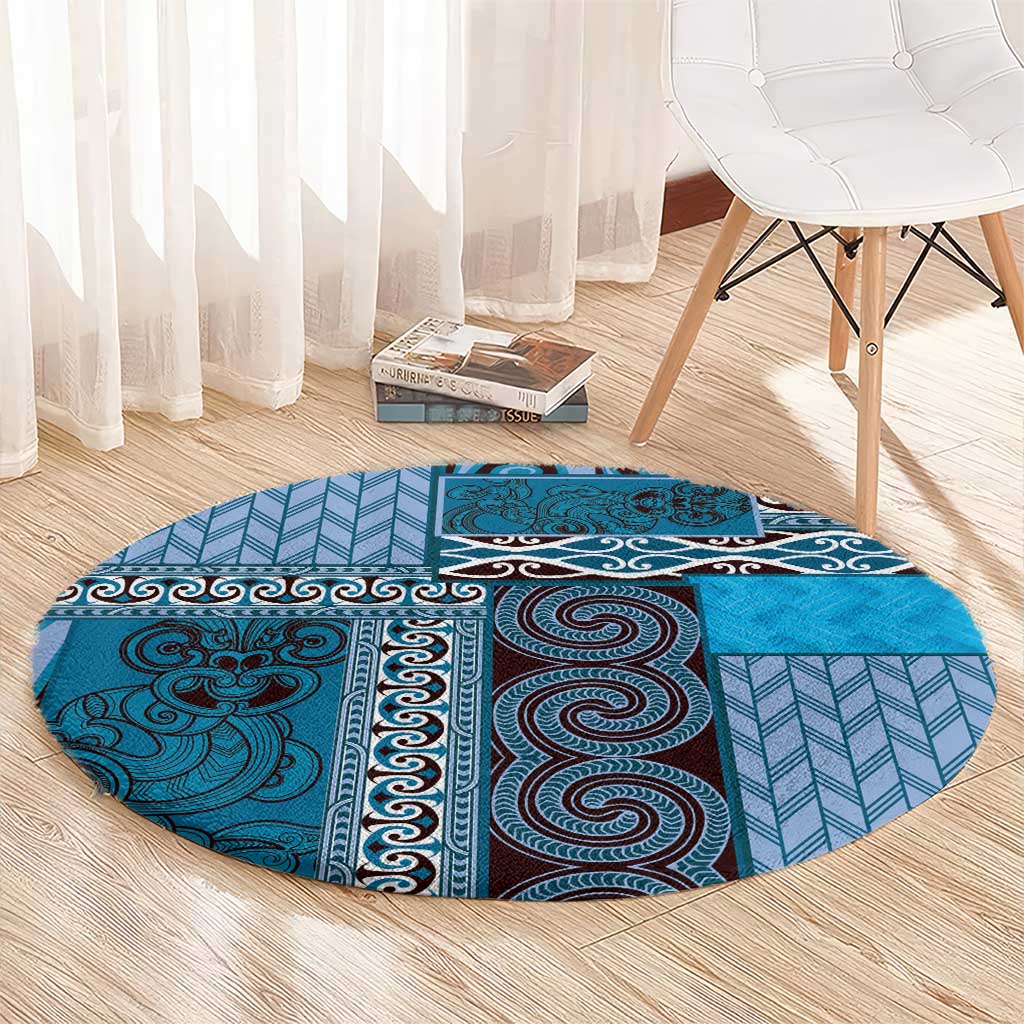 Blue Aotearoa Kowhaiwhai Pattern Round Carpet NZ Maori Quilt Style LT14 - Polynesian Pride