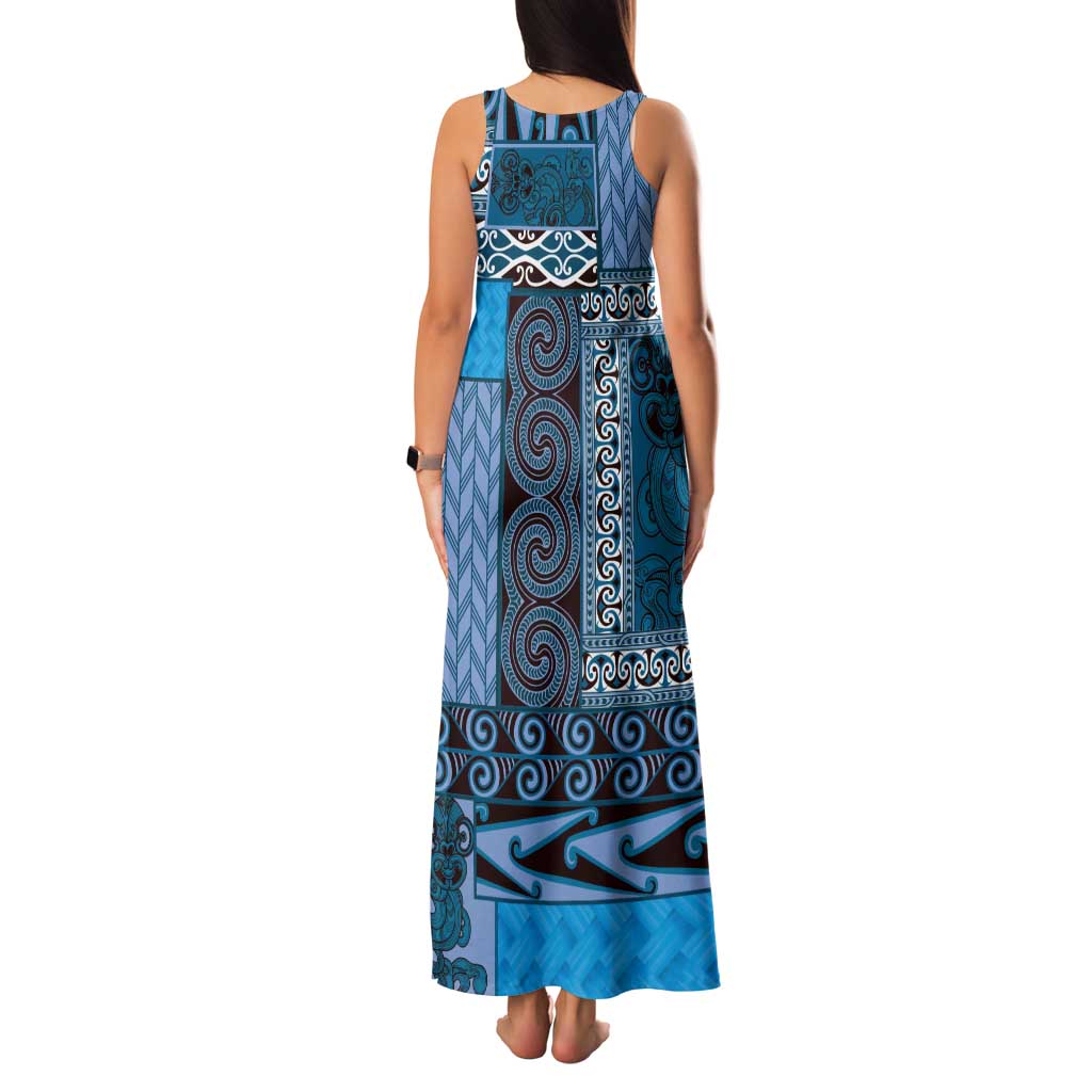 Blue Aotearoa Kowhaiwhai Pattern Tank Maxi Dress NZ Maori Quilt Style