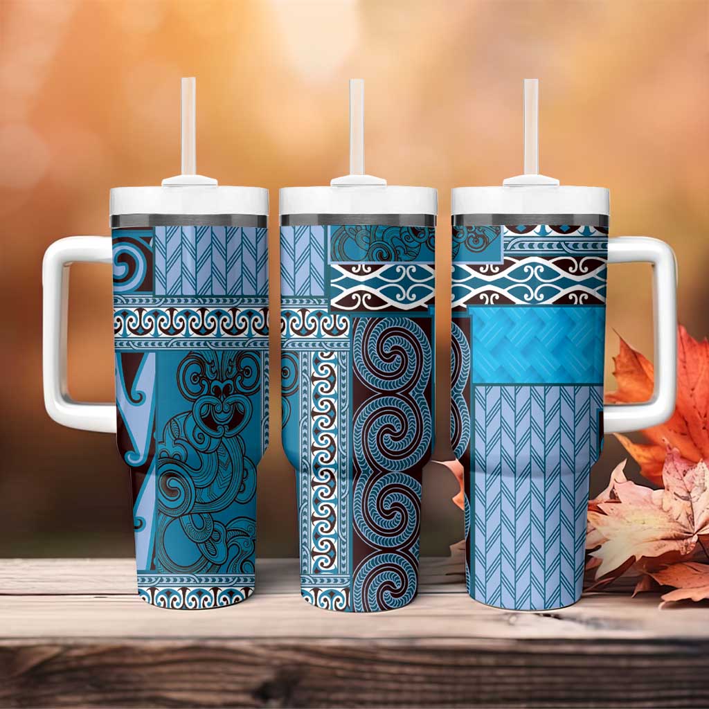 Blue Aotearoa Kowhaiwhai Pattern Tumbler With Handle NZ Maori Quilt Style