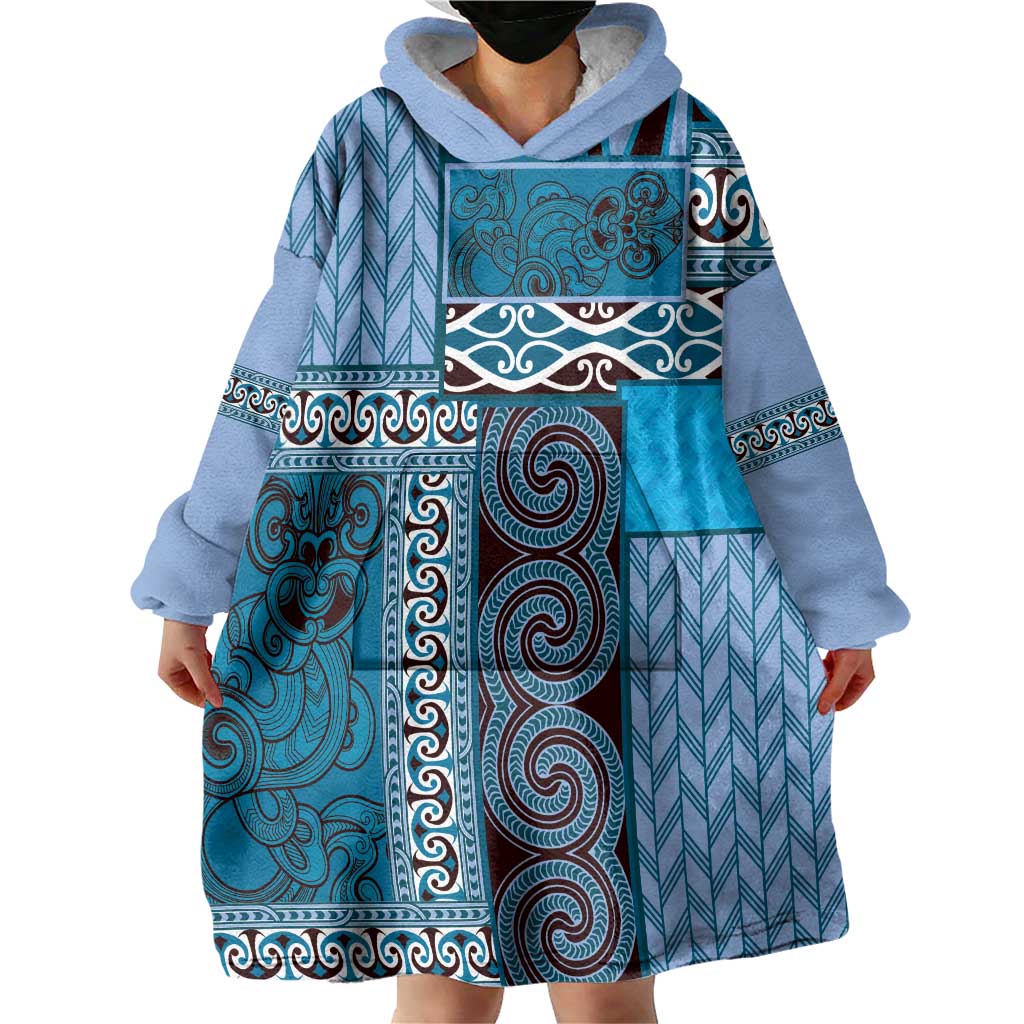 Blue Aotearoa Kowhaiwhai Pattern Wearable Blanket Hoodie NZ Maori Quilt Style
