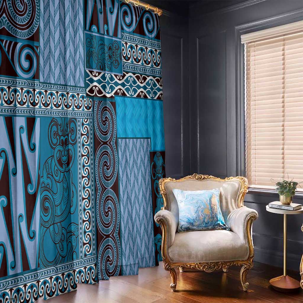 Blue Aotearoa Kowhaiwhai Pattern Window Curtain NZ Maori Quilt Style